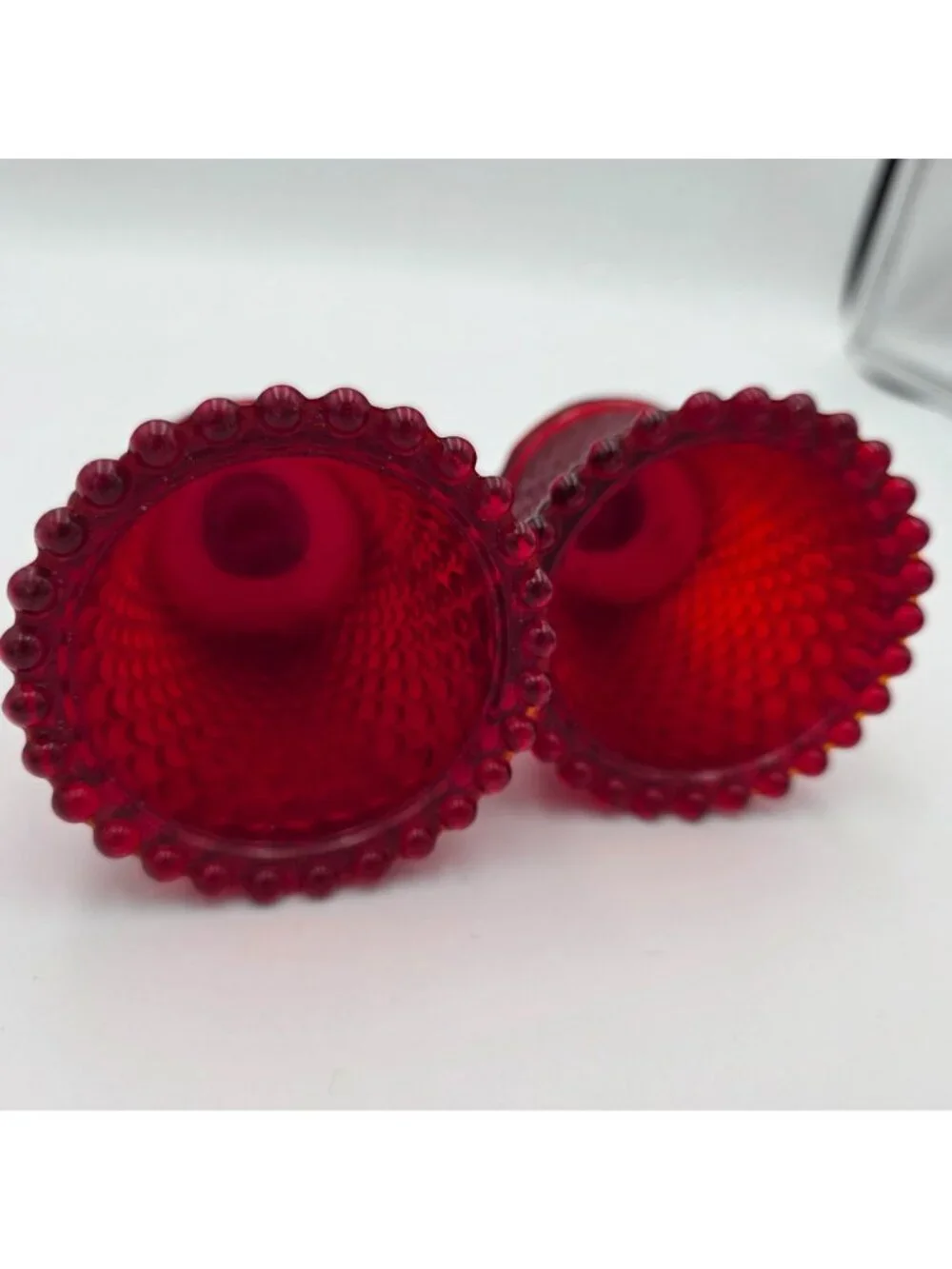 Ruby Red Glass Hobnail Peg Votive Candle Holders UV Reactive Vintage Pair